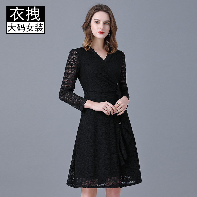 Picture of Lace dress European and American plus size spring new black socialite V-neck stretch sexy slimming versatile A- line skirt