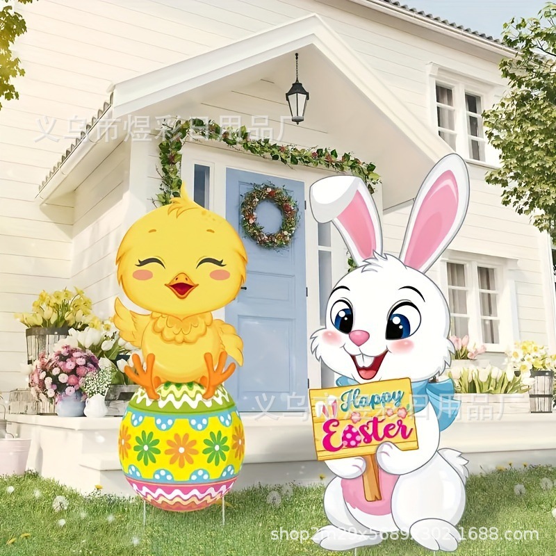 Cross-border plastic Easter floor hollow board waterproof rabbit egg lawn decoration card courtyard sign