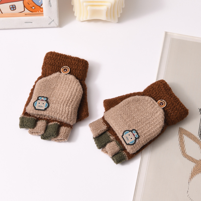 Picture of Children's flip gloves autumn and winter boys half finger warm cute Primary School students writing knitted dual-purpose gloves wholesale