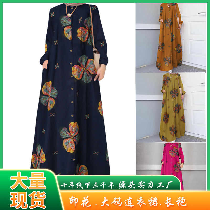 Picture of Cross-Border Trade Cotton and Linen Printed Shirts, Plus-Size Women's Casual Retro Long-Sleeved Robes, Loose Dresses