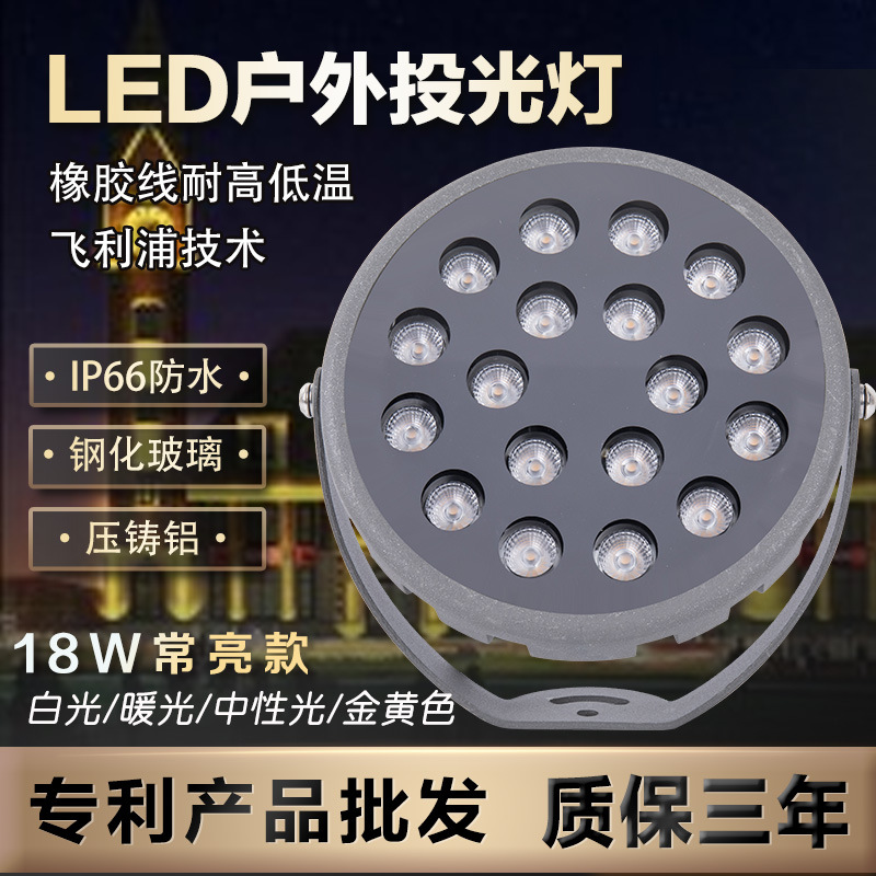 18W Die-Cast Single-Color Constant Light Die-Cast Aluminum Pole Spotlight Projector Light Engineering Waterproof Floodlight