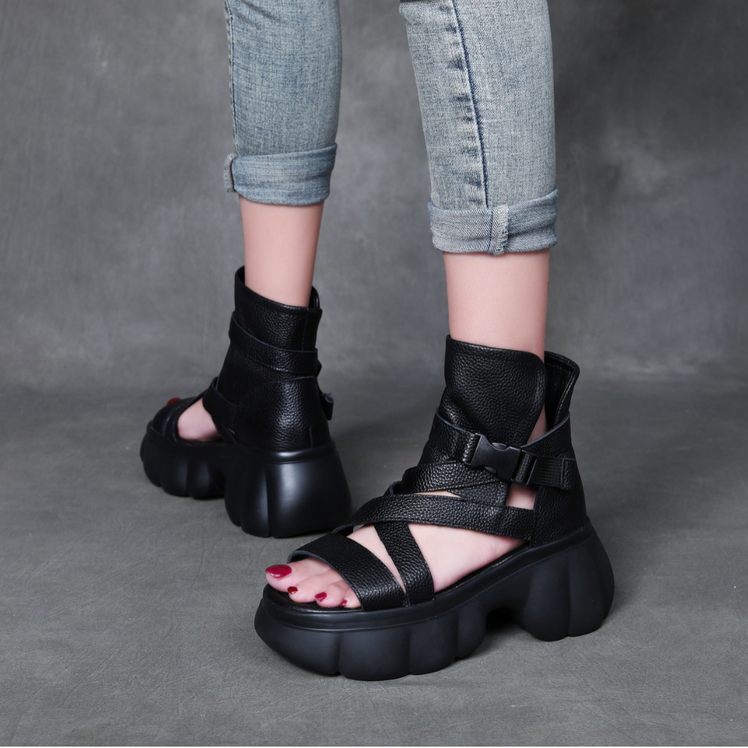 Thick-Soled Sandals for Women, New Summer Breathable Martin Sandals, Genuine Leather Fish Mouth Sandals for Small People to Increase Height