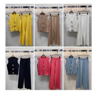 Picture of European Goods Light Luxury Contrast Color Large Gold Button Knitted Cardigan Women's Summer Loose Wide Leg Pants Stylish Fashionable Two-piece Suit Fashion