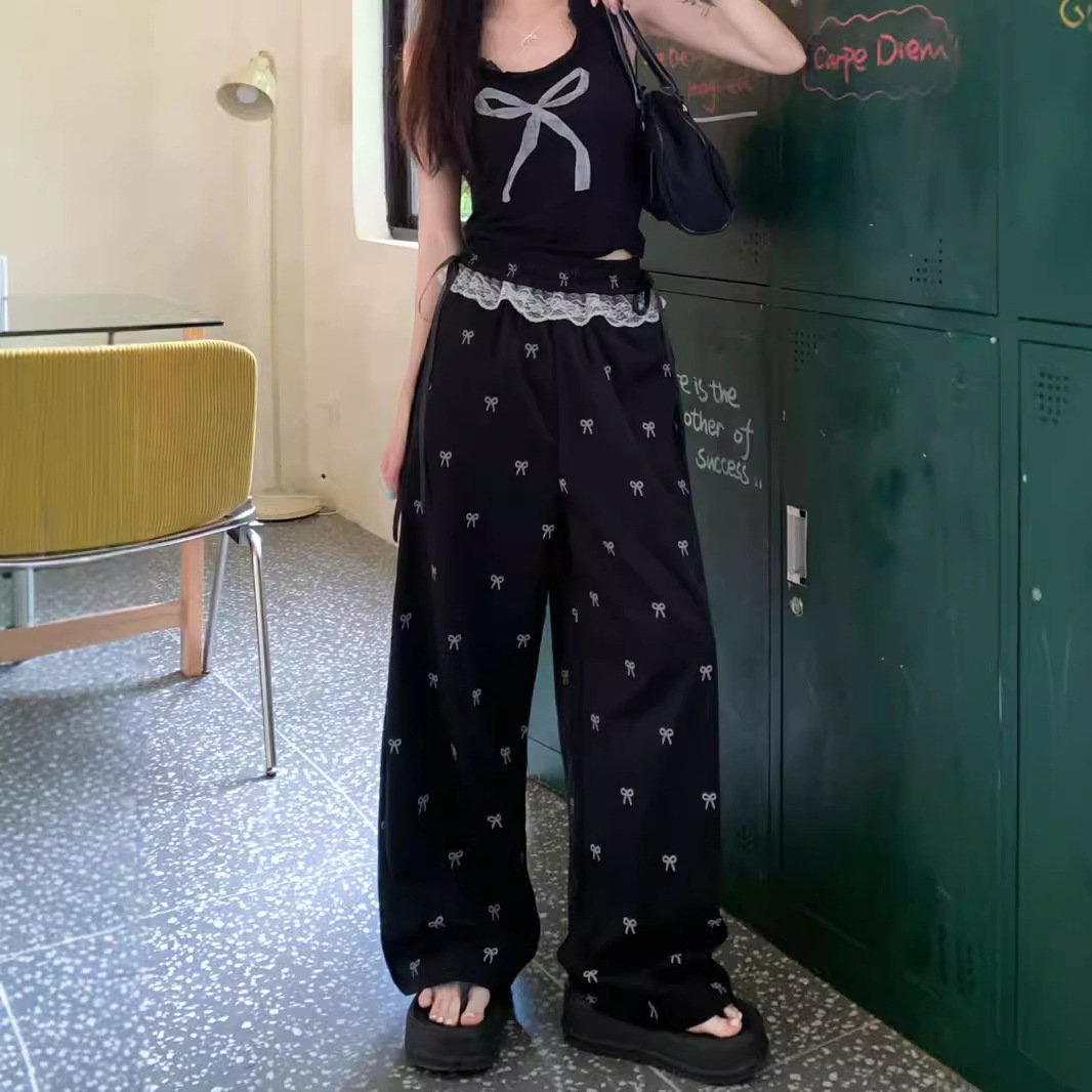 Picture of Sweet Spice Lace Stitching Casual Pants Bow Pants New Summer Loose Loose Waist Wide Pants Straight Leg Pants