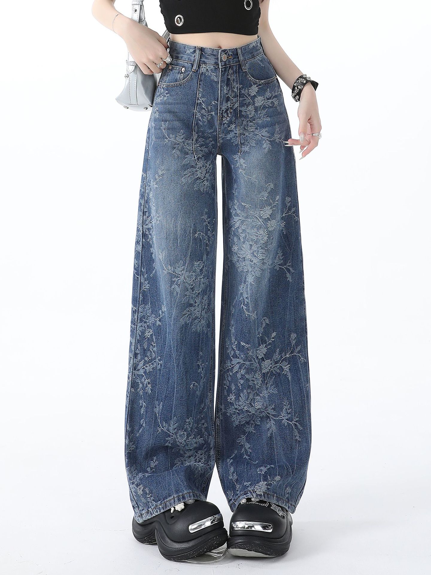 Spot blue jacquard jeans women's design loose wide-leg pants vintage straight floor-length pants