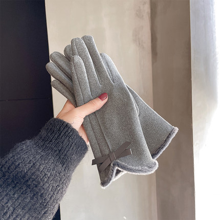 Picture of Gloves Women's Winter Korean-style Cute Bow Fleece-lined Thickened Warm Touch Screen Riding Driving Cold-proof Gloves