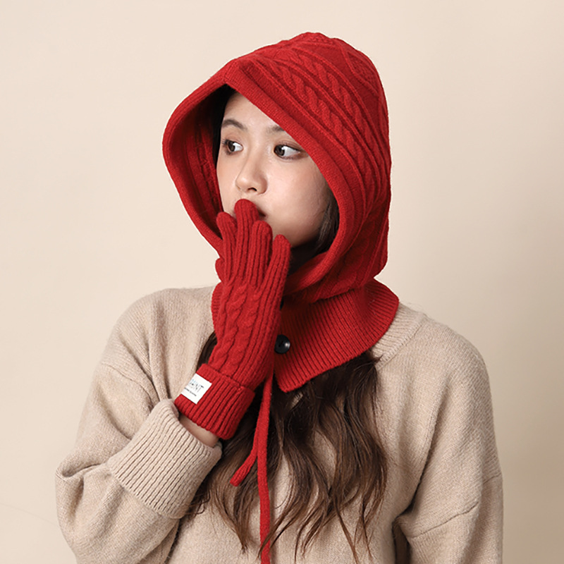 Vintage Red Balaclava Hat Women's Winter Warm Gloves Scarf One-piece Couple's Ear Protection Wool Knitted Hat