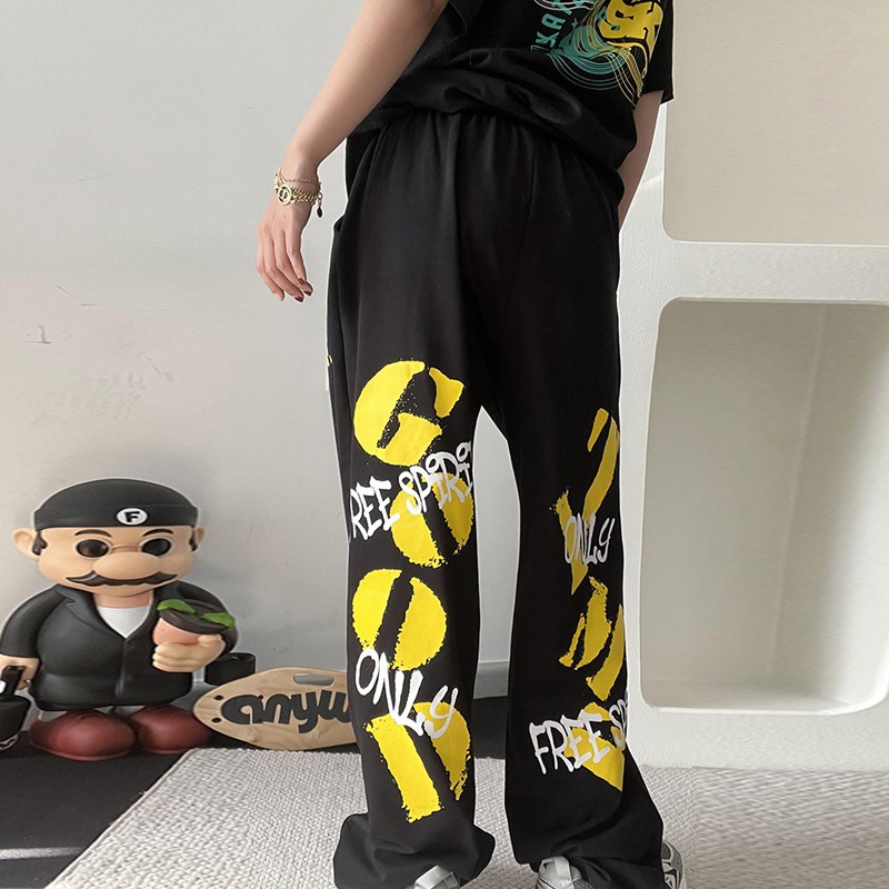 Picture of 2024 New Arrival Yellow Letter Black Trousers Women's All-Match Hip-Hop Hiphop Jazz Hip-Hop Loose Wide-Leg Pants Casual