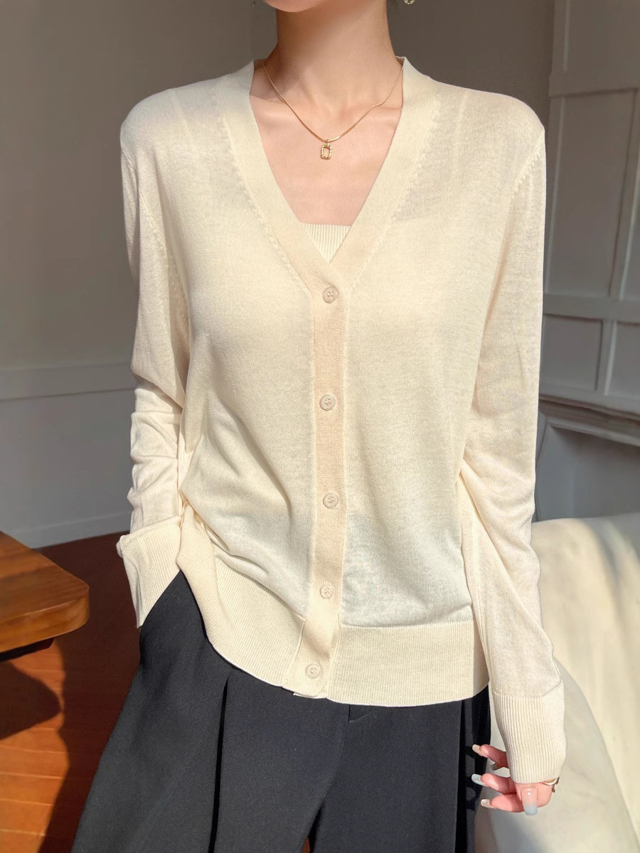 2025 summer new simple net V-neck knitted cardigan women's loose long sleeve air conditioning shirt solid color coat wholesale