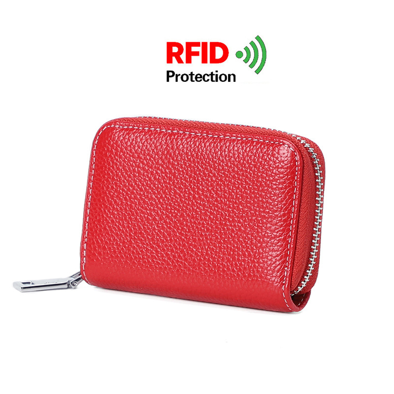 Picture of Zipper card holder unisex first layer cowhide rfid anti-theft brush magnetic leather female card holder