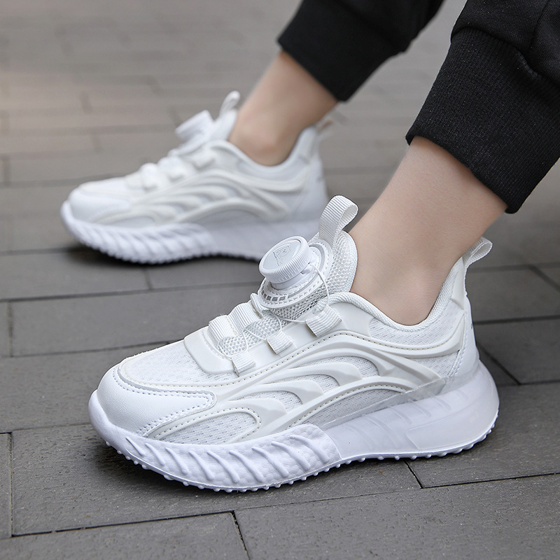 Children's button shoes boys' shoes 2023 autumn breathable mesh platform girls' white shoes middle and big children luminous running shoes