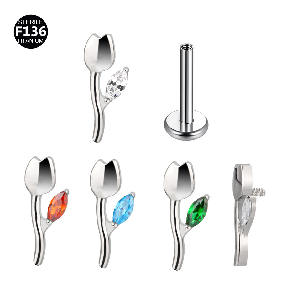 F136 titanium alloy tulip nail 1.0/1.2mm pole 0.9 teeth ear nail foreign trade puncture jewelry wholesale