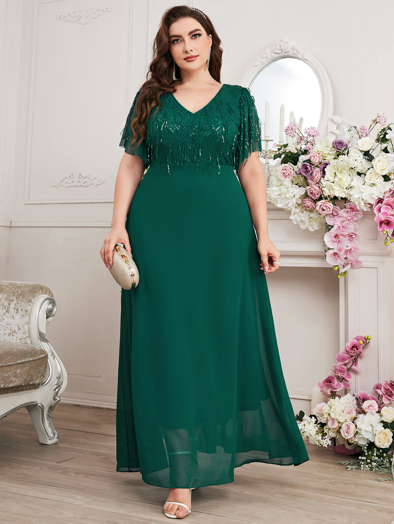 New V Neck Green Chiffon Tassel Pearlescent Elegant Evening Dress Cross-Border Popular Plus Size Women's Dress