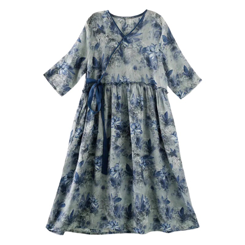 2024 spring and summer artistic National style loose plus size women's clothing printed V-neck 3/4 sleeve mid-length waist slimming dress