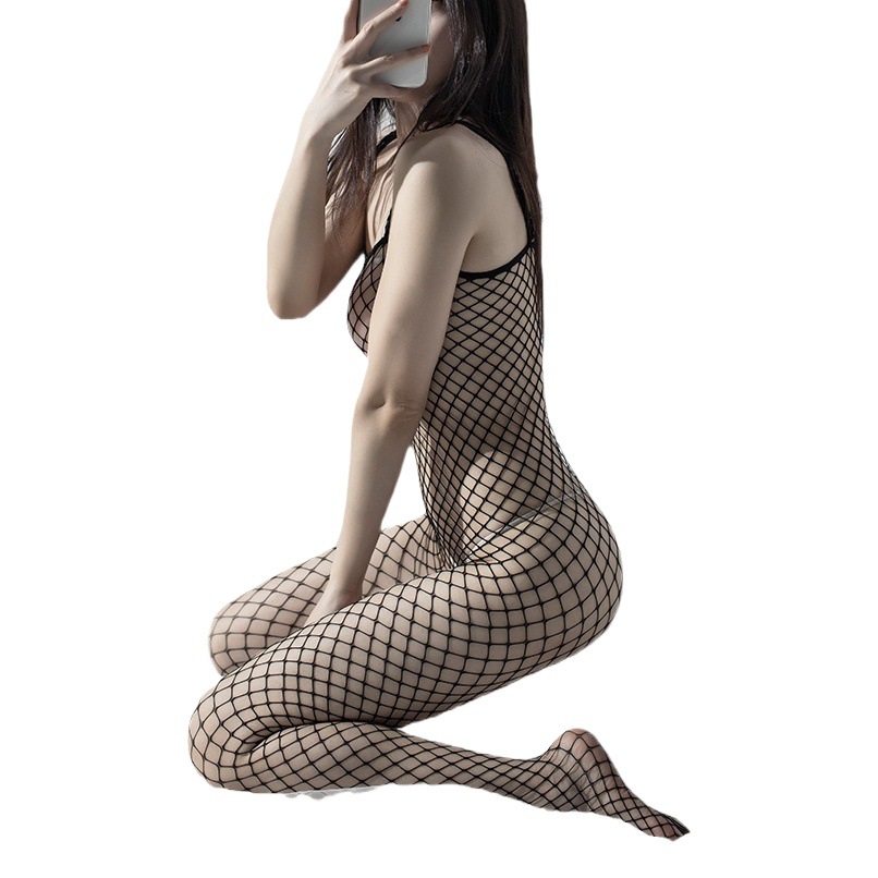 Hollow-out Sexy Underwear Women's Sexy Simple Chest-exposed Large Size European and American Adult Open-file Free Black Silk Mesh Socks Pajamas