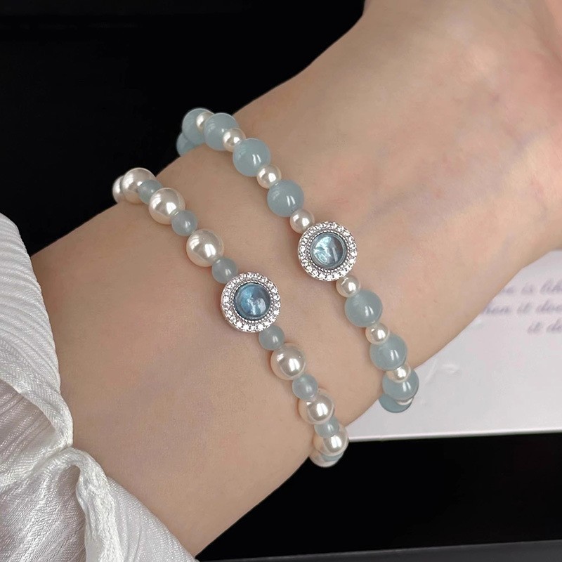 S925 Sterling Silver Shijia Pearl Bracelet Natural Aquamarus Women's Design Cool Sense Spacer Beaded Jewelry Wholesale