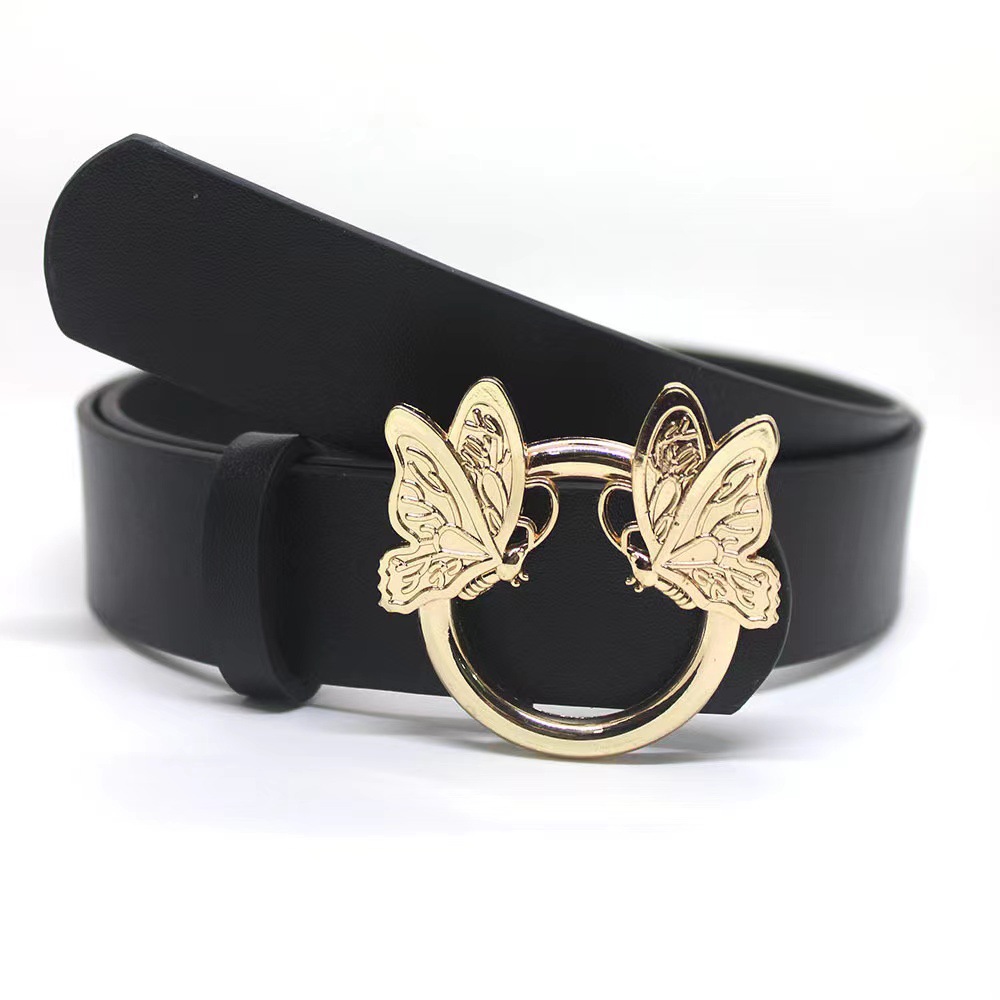 Women Casual Belt Simple pu Fashion Butterfly Buckle Decorative Belt Thin Student Black Belt Accessories Factory