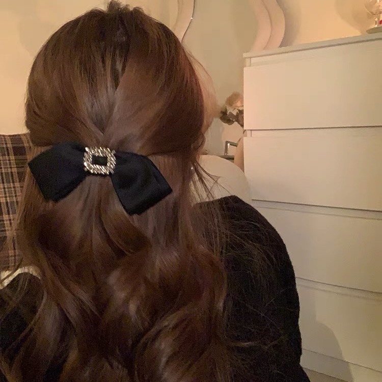 Hepburn Black Square Diamond Bow Satin Hairpin Women's Headwear Hairpin New Style Small Clip High-grade Hair Accessories