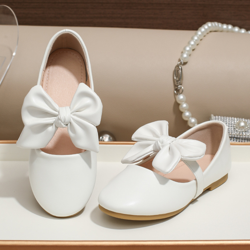 Girls' Leather Shoes 2024 Spring and Autumn Cross-border White Bow Princess Shoes Shallow Mouth Soft Sole Shoes Children's Shoes