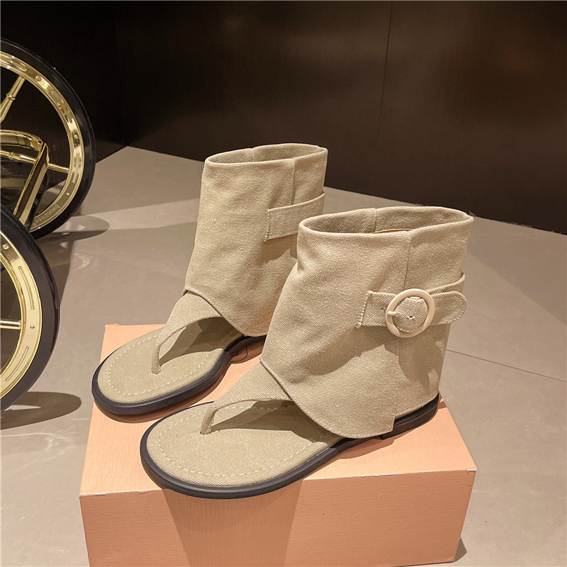 Connector Canvas Flip-Flops Trousers Boots Women's Sandals Short Boots 2025 Summer New Flat Open Toe Hollow Out Cool Boots