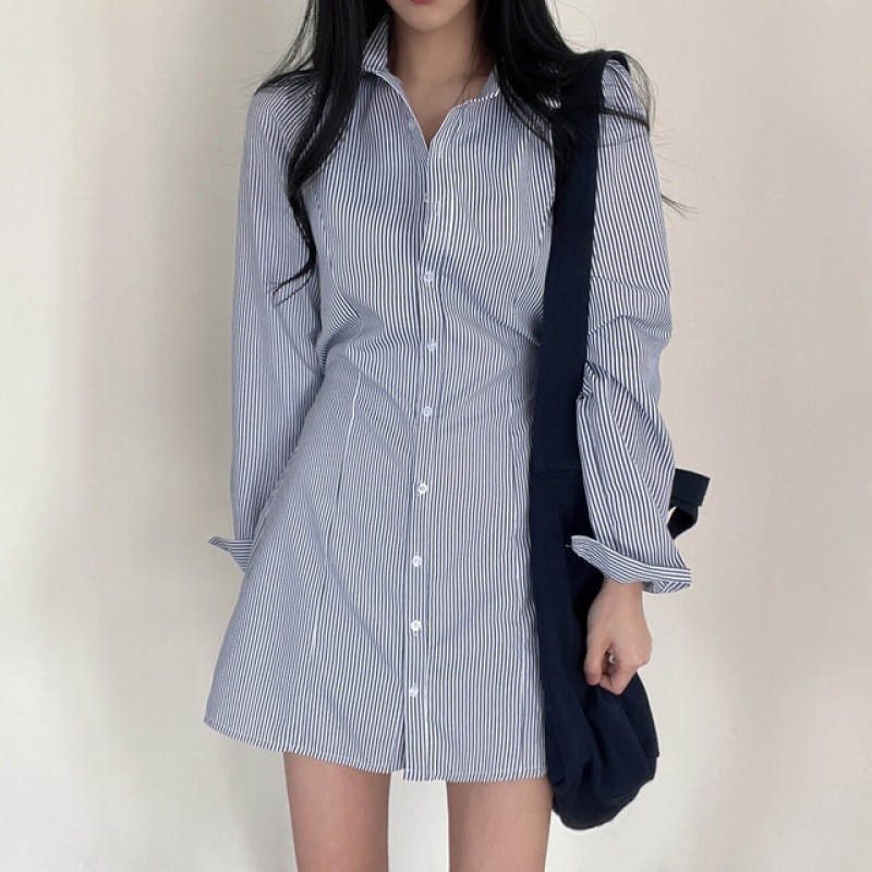 Korean chic New Elegant Simple Lapel Striped Shirt Dress Women's Mid-length Lace-up Dress
