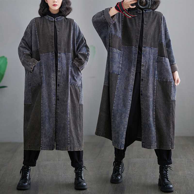2024 spring new contrast color Denim stitching stand collar vintage washed distressed plus size slimming long coat cardigan