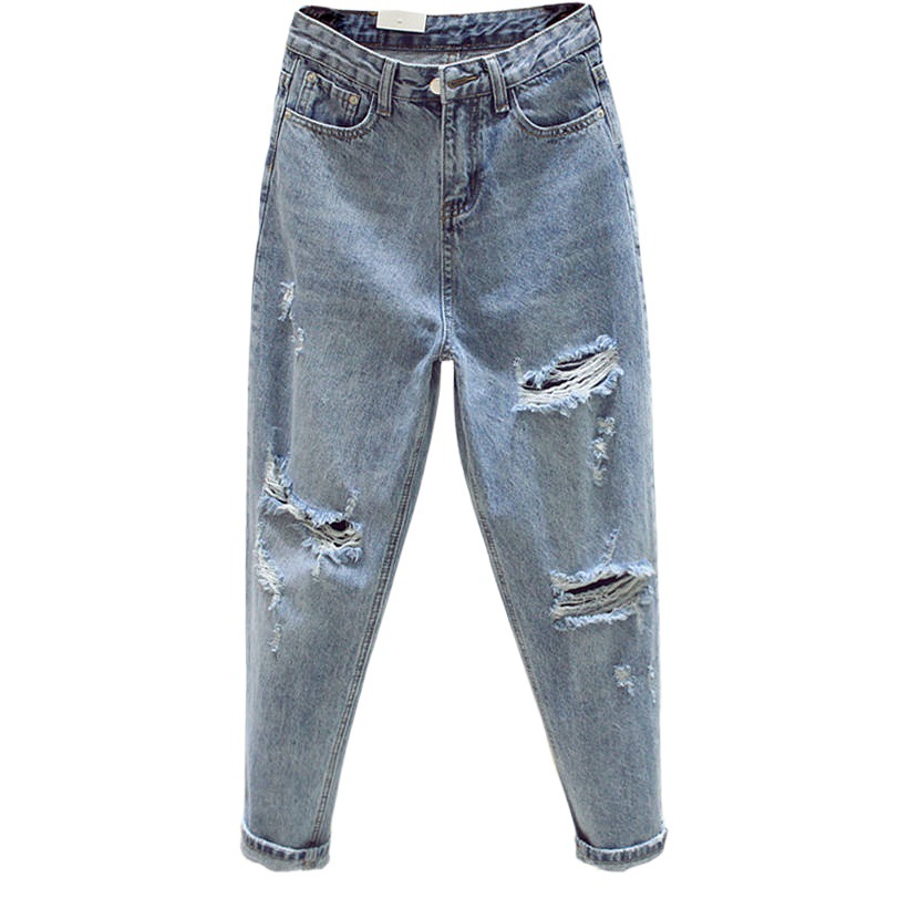 Picture of Light Color Jeans Women's Ripped Loose Straight Pants Spring and Summer New High Waist Harem Pants Slimming Cropped Pants