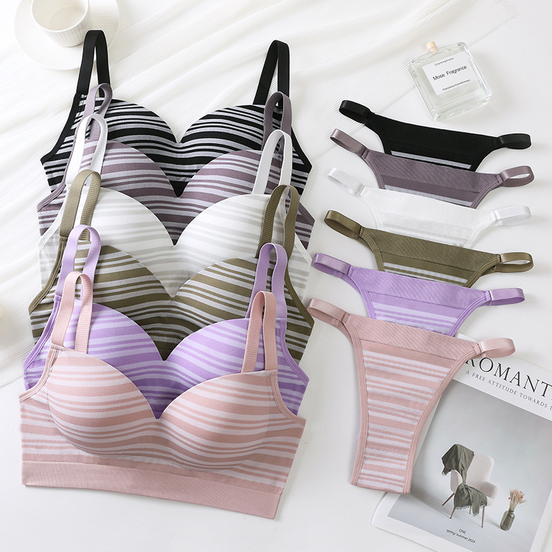 7315 solid color contrast striped gathered sexy lingerie women seamless no steel ring comfortable breathable bra suit women