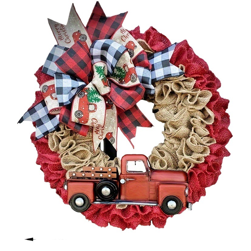 Christmas Front Door Decoration Wreath Red Car linen Bow Ribbon Wreath Snowflake Front Door Wreath Winter Wreath