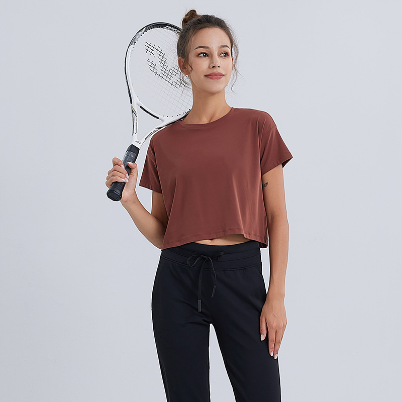 Picture of Soft and Skin-Friendly Spring and Summer Fashionable Navel-Baring Short-Sleeved T-Shirt, Loose and Breathable Running Outdoor Sports Yoga Wear for Fitness Women