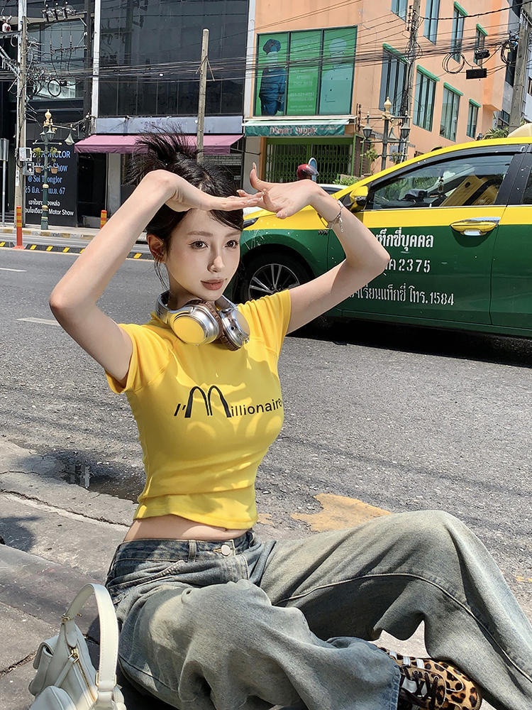 Yellow Printed Short-sleeved Shoulder T-shirt Women's Summer New Dopamine American Style Short Clothes Spice Girl Tight Top