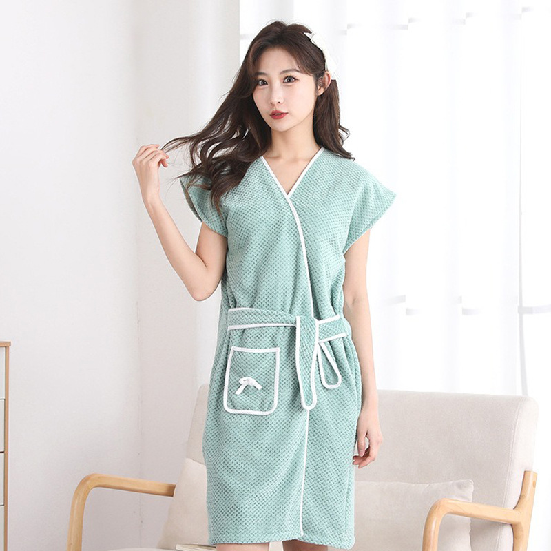 Picture of Manufacturer Wholesale Soft Coral Velvet Casual Bathrobe Household Absorbent Pineapple Plaid Strap Bath Towel Home Ladies Bath Skirt