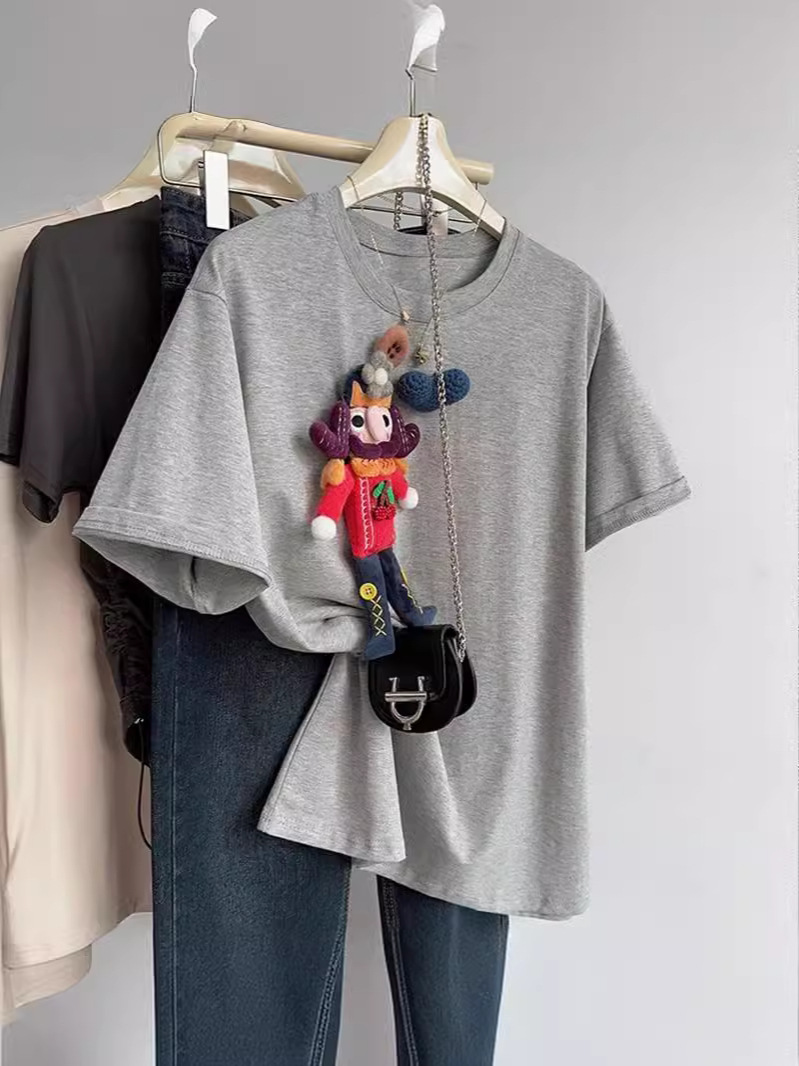 Grey Heavy Industry Cartoon Short-sleeved T-shirt Women's Summer Design Sense Loose Large Casual American Style Retro Pure Cotton Top