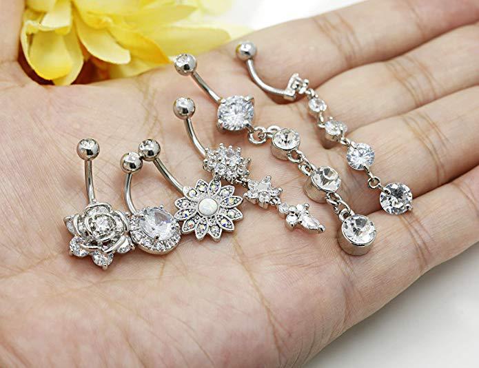 Picture of Amazon Explosions 6-piece Stainless Steel Zircon Silver Belly Button Ring Set Body Puncture Jewelry Wholesale