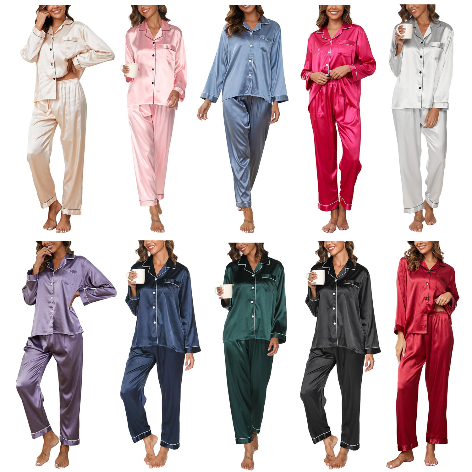 Cross-border Amazon independent station New Ice Silk pajamas women's two-piece suit long sleeve silk plus size women's home wear