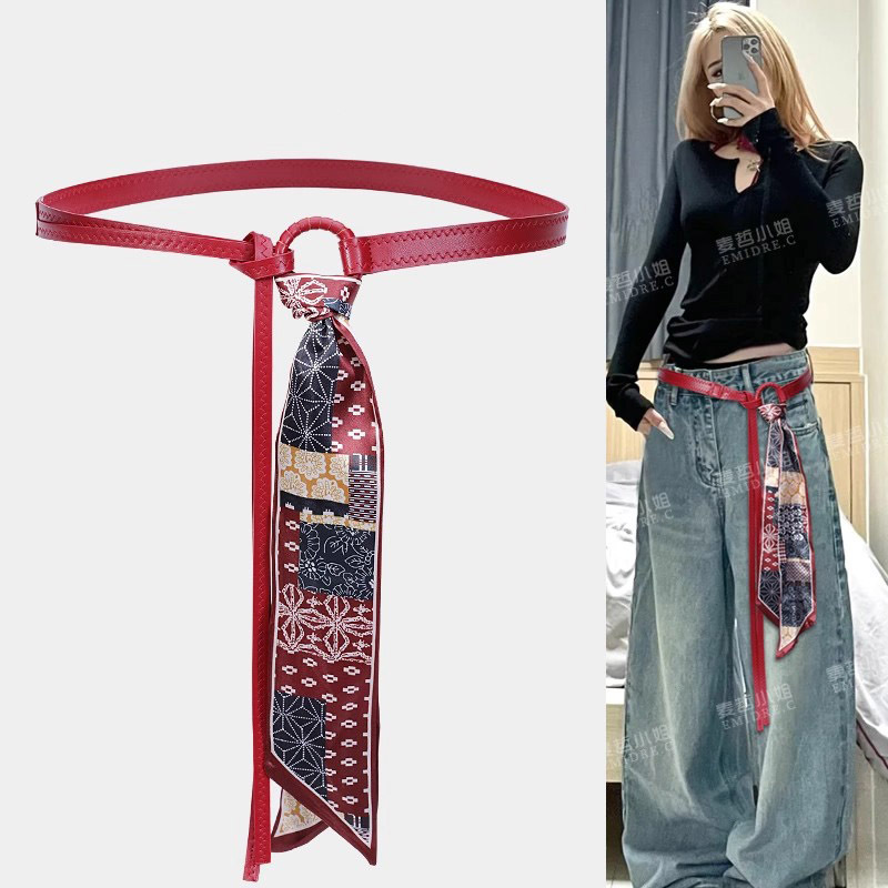 Red belt accessories women's American vintage with jeans embellished skirt hot girl y2k silk scarf belt high-end