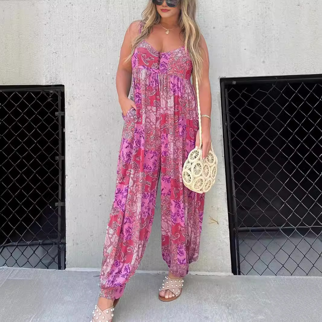 Picture of 25 Amazon Wish Unique Cross-Border Hot Product Ebay Women's High Waist Trendyy Loose Printed Shoulder Strap Jumpsuit