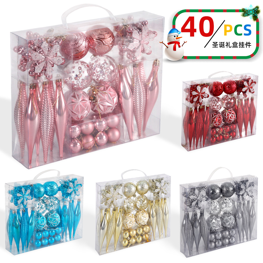 Christmas decoration supplies Christmas tree ornaments PVC gift box suit electroplating Christmas ball snowflake pendant charm 40PCs