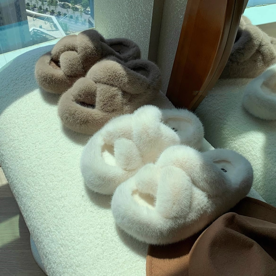 Thick-soled Mao Mao slippers women wear 2024 new autumn and winter rabbit fur fleece-lined Mao Mao shoes step on excrement feeling cotton slippers