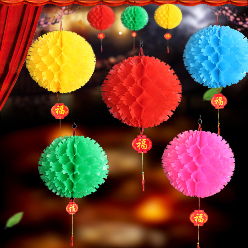 Spring Festival Decoration Colorfulful Thorn Ball Paper Lanterns Plastic Hangings Kindergarten Shopping Mall Festival Honeycomb Round Paper Lanterns Wholesale