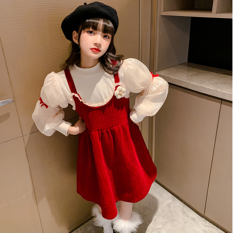 Girls' Flower suit 2024 Autumn and Winter New Year Dress Children's Red Strand Dress Two-Piece New Year Princess Dress