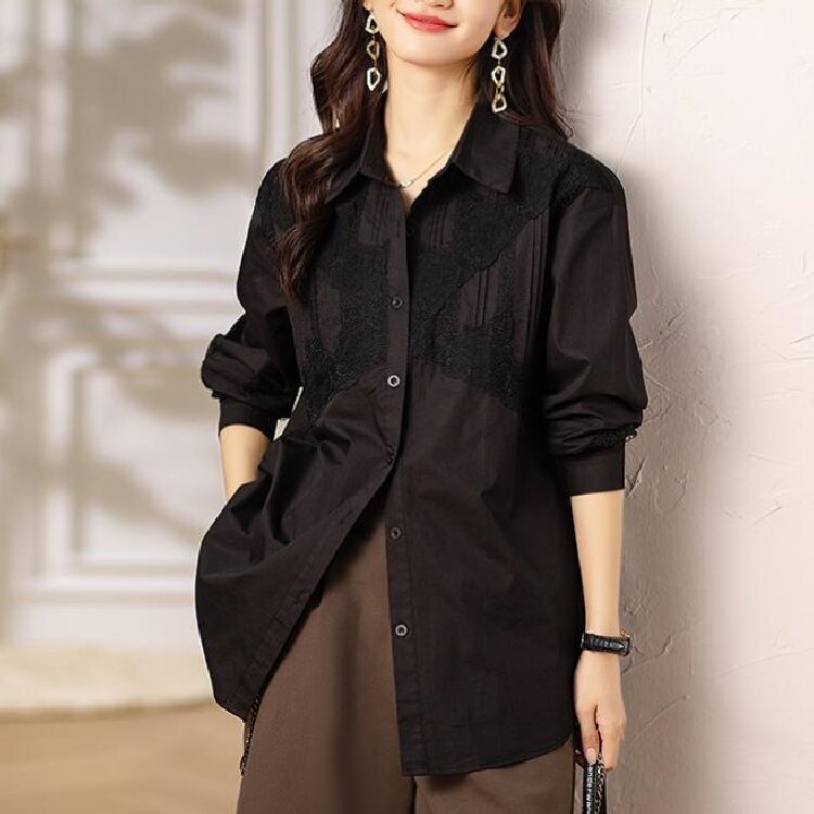 Lapel black shirt women's spring and autumn 2024 new small shirt western style long sleeve top