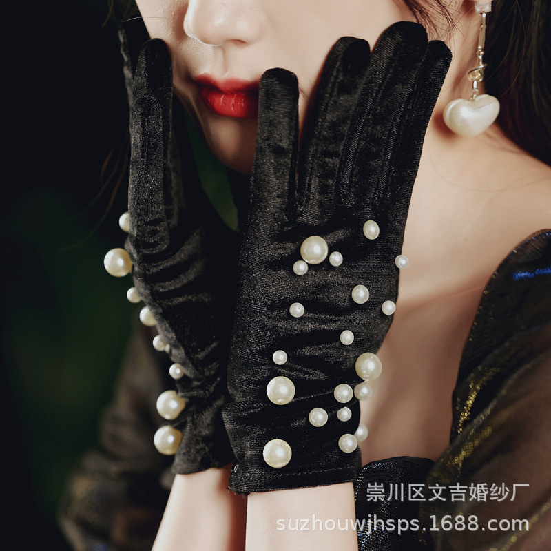 Picture of Long Velvet Glove Cloth Stud Pearl Finger Black Women's Dress Evening Banquet French Jewelry Bride Warm for Autumn and Winter