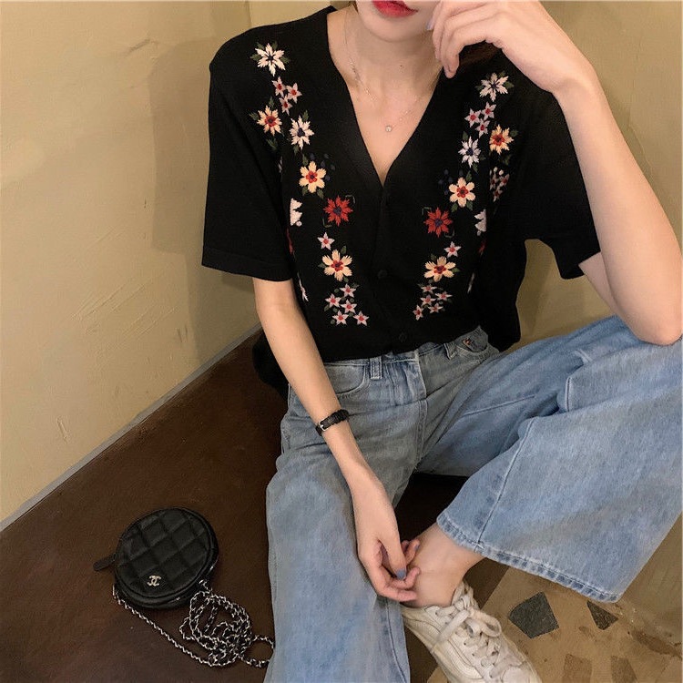 Summer Chanel Collar Embroidered Ice Silk Thin Short-sleeved Knitted Cardigan Women's Embroidered Western Style Coat Top