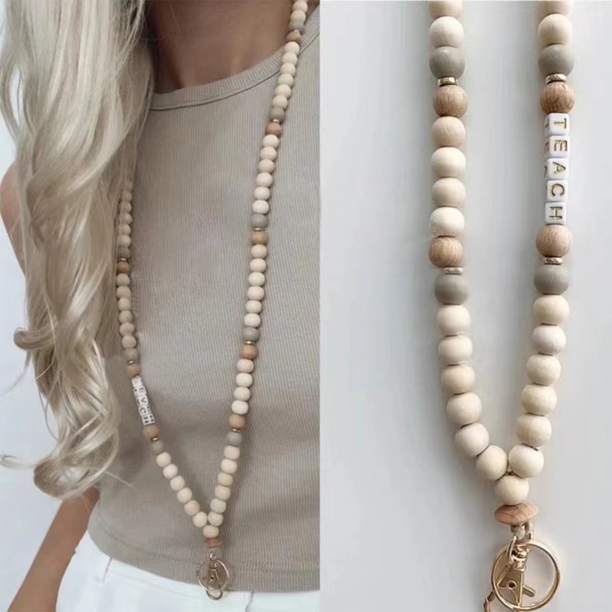 New cross-border hot selling wooden beads beaded keychain sweater chain all kinds of keys work card mobile phone and other lanyard necklace