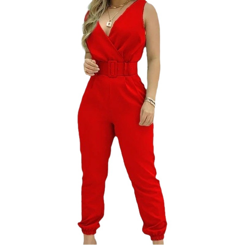 Picture of Spring and summer 2022 new independent station Europe and the United States cross-border V-neck backless printed high waist jumpsuit women (including Belt)