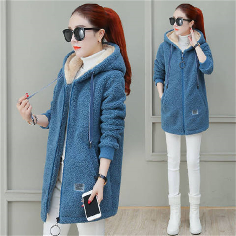 Picture of Embroidered Letter Fleece-lined Thickened Lamb Wool Women's Fleece Sweater Korean Elegant Casual Women's Mid-length Hooded Top