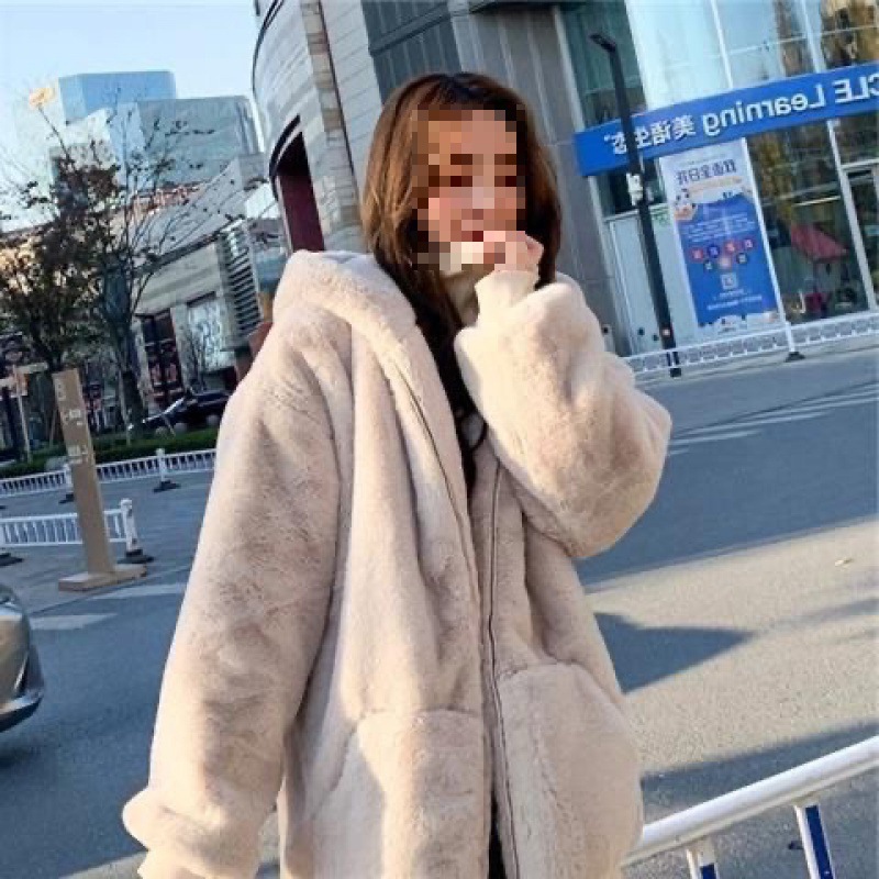 2023 new Korean style faux Rex rabbit fur mid-length thickened hooded coat lamb fur velvet coat for women winter