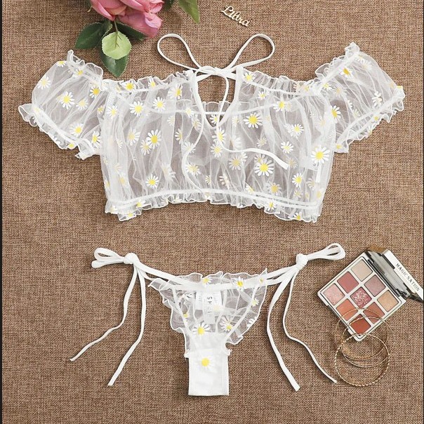 Cross-border supply Europe and the United States foreign trade sexy lingerie sexy women's lace perspective three-point underwear set
