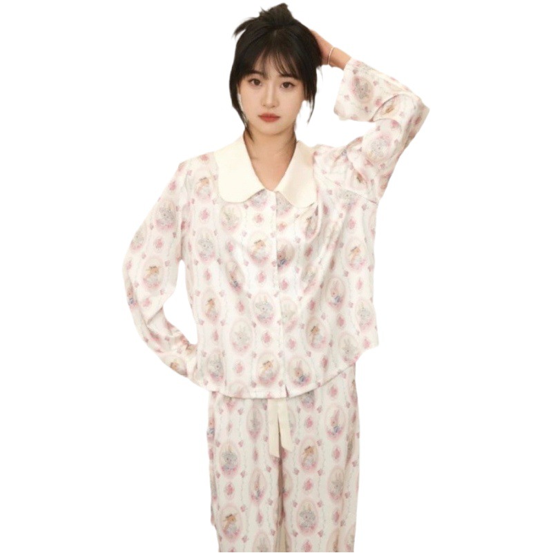 [Pastoral Rabbit] New Ice Silk Pajamas Women's Satin Soft Silk Sweet Short-Sleeved Suit Bunny Home Clothes Three-Piece Set